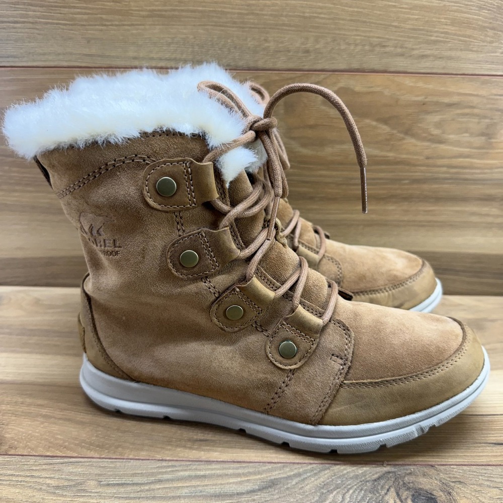 SOREL Explorer Joan Boots 8.5 Tan Suede Waterproof Faux Fur Cottagecore Cozy